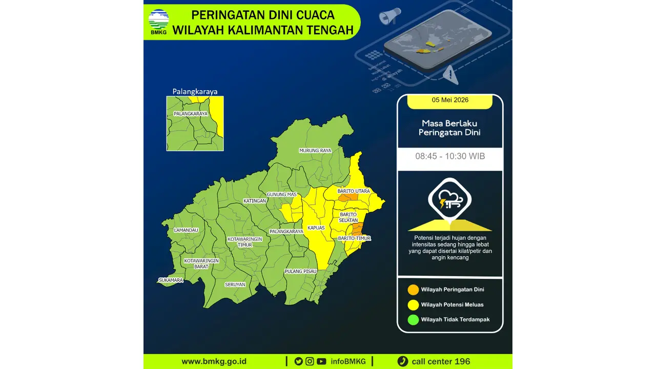 Prakiraan Cuaca Kalteng, 5 Mei 2026: Sejumlah Wilayah Berpotensi Hujan Lebat Disertai Petir dan Angin Kencang