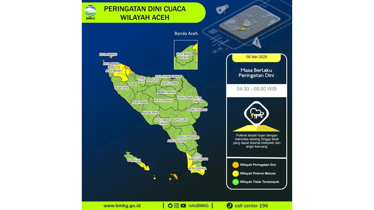 Prakiraan Cuaca Aceh, 6 Mei 2026: Sejumlah Wilayah Berpotensi Hujan Lebat Disertai Petir dan Angin Kencang