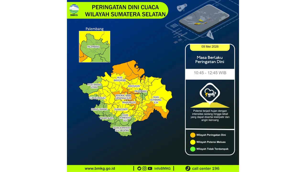 Prakiraan Cuaca Sumsel, 9 Mei 2026: Sejumlah Wilayah Berpotensi Hujan Lebat Disertai Petir dan Angin Kencang