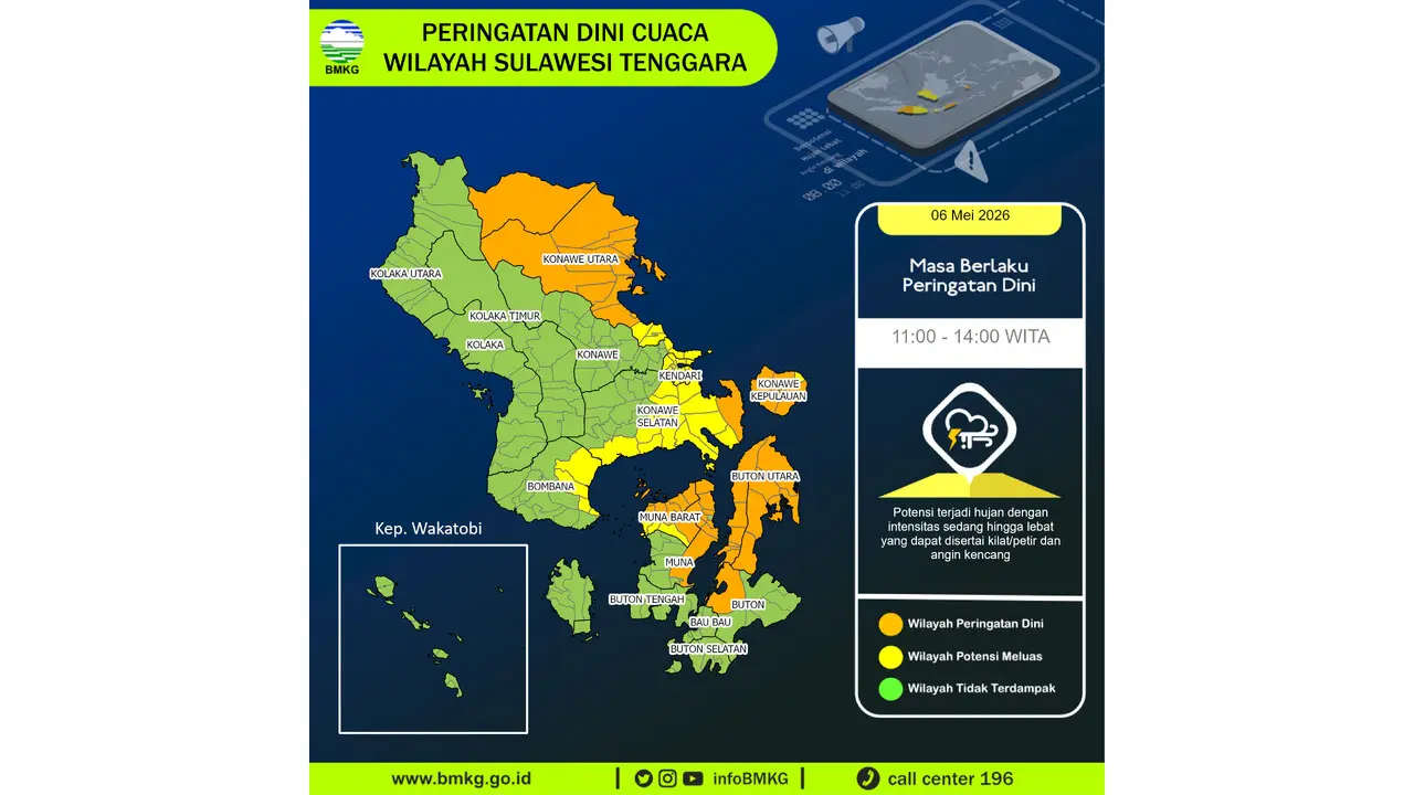Prakiraan Cuaca Sultra, 6 Mei 2026: Sejumlah Wilayah Berpotensi Hujan Lebat Disertai Petir dan Angin Kencang
