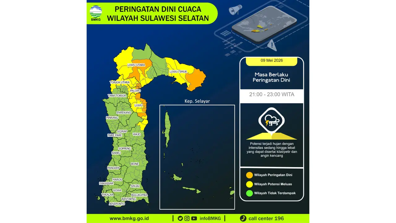 Prakiraan Cuaca Sulsel, 9 Mei 2026: Sejumlah Wilayah Berpotensi Hujan Lebat Disertai Petir dan Angin Kencang