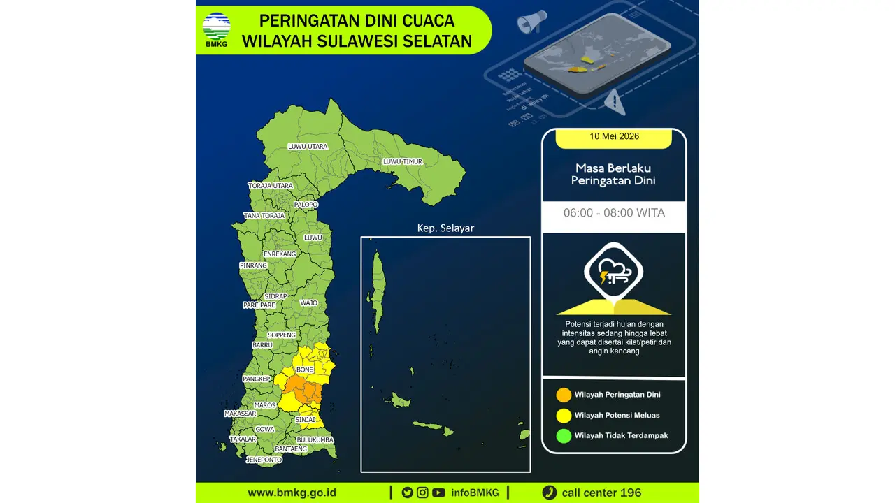 Prakiraan Cuaca Sulsel, 10 Mei 2026: Sejumlah Wilayah Berpotensi Hujan Lebat Disertai Petir dan Angin Kencang