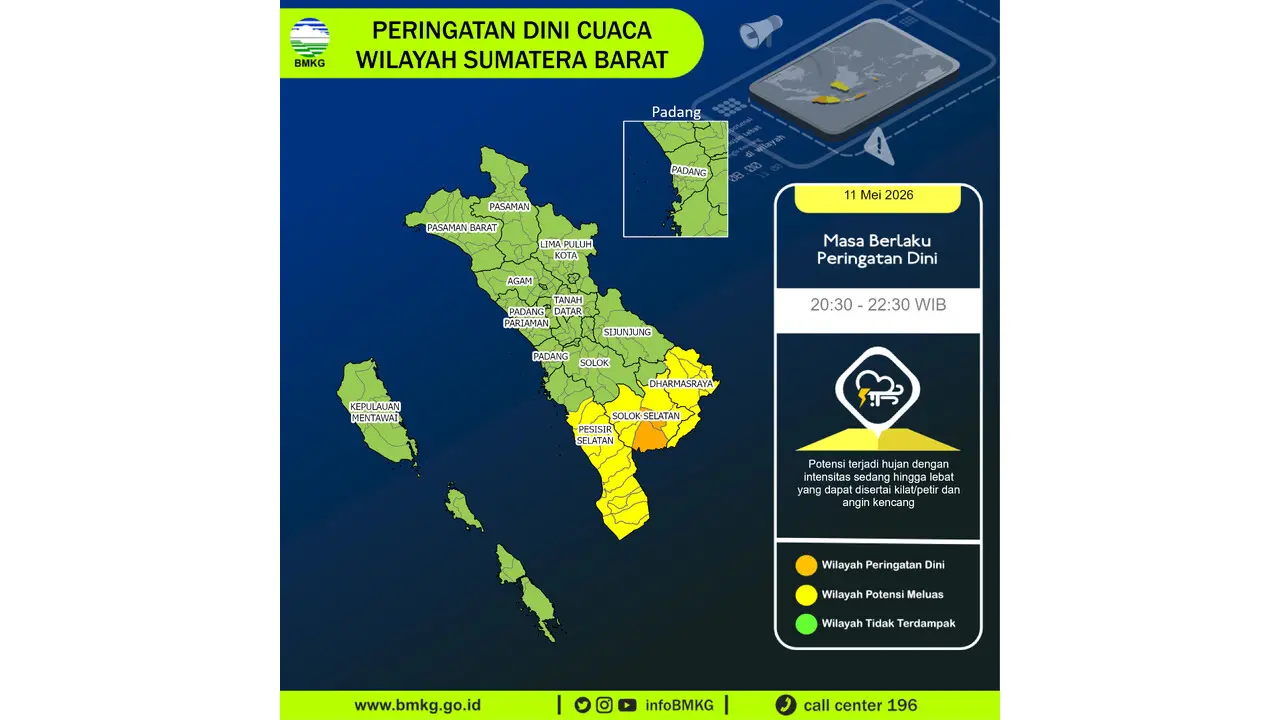 Prakiraan Cuaca Sumbar, 11 Mei 2026: Sejumlah Wilayah Berpotensi Hujan Lebat Disertai Petir dan Angin Kencang