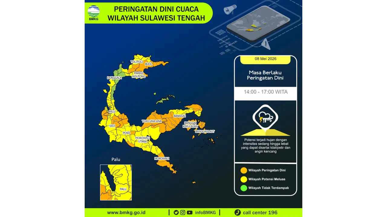 Prakiraan Cuaca Sulteng, 8 Mei 2026: Sejumlah Wilayah Berpotensi Hujan Lebat Disertai Petir dan Angin Kencang