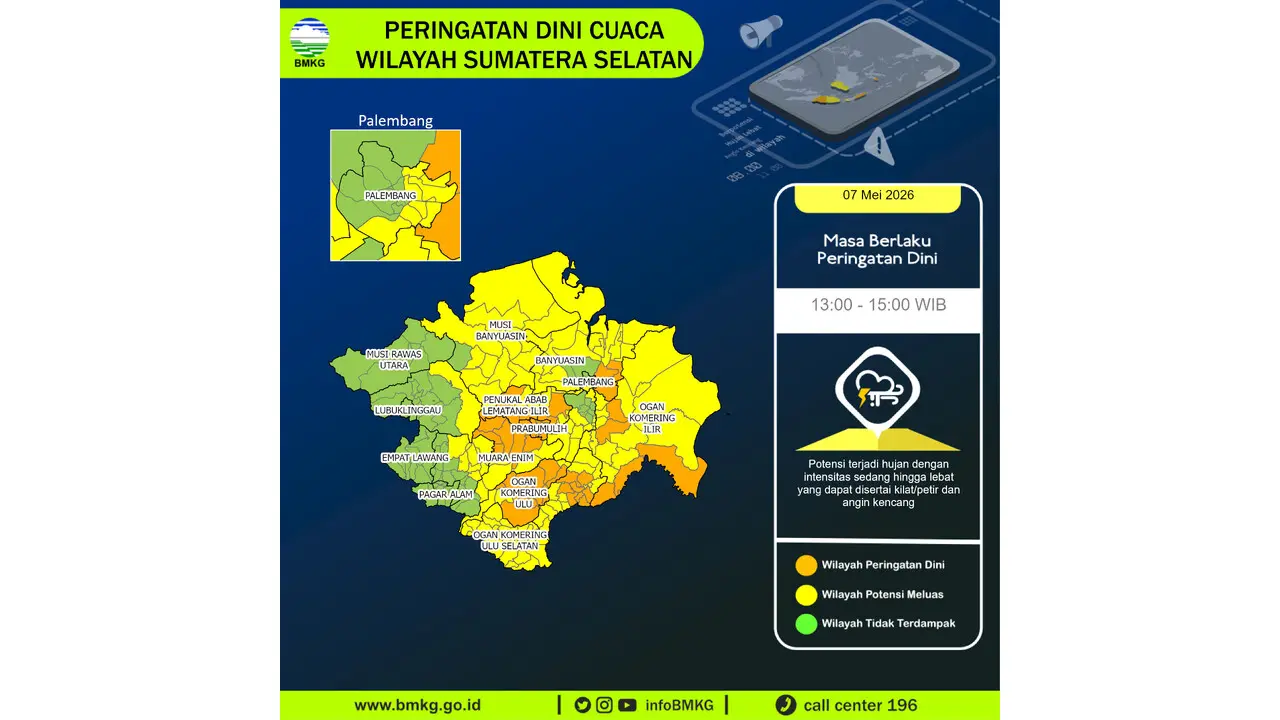 Prakiraan Cuaca Sumsel, 7 Mei 2026: Sejumlah Wilayah Berpotensi Hujan Lebat Disertai Petir dan Angin Kencang