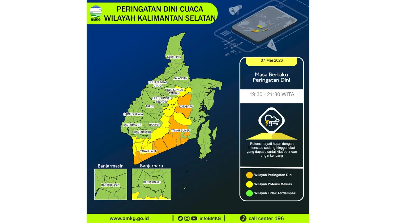 Prakiraan Cuaca Kalsel, 7 Mei 2026: Sejumlah Wilayah Berpotensi Hujan Lebat Disertai Petir dan Angin Kencang