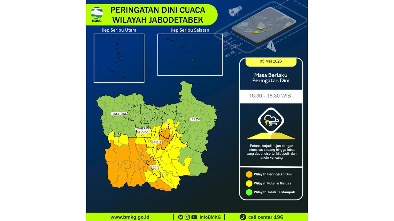 Prakiraan Cuaca Jabodetabek, 5 Mei 2026: Sejumlah Wilayah Berpotensi Hujan Lebat Disertai Petir dan Angin Kencang