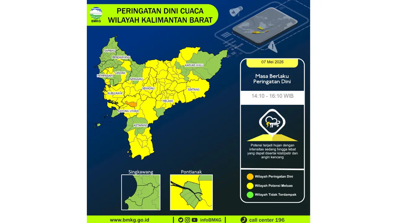 Prakiraan Cuaca Kalbar, 7 Mei 2026: Sejumlah Wilayah Berpotensi Hujan Lebat Disertai Petir dan Angin Kencang