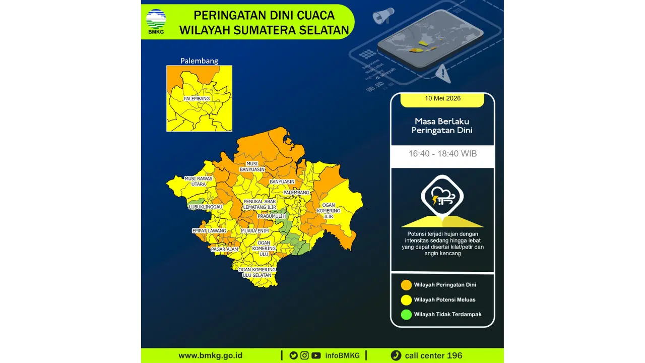 Prakiraan Cuaca Sumsel, 10 Mei 2026: Sejumlah Wilayah Berpotensi Hujan Lebat Disertai Petir dan Angin Kencang