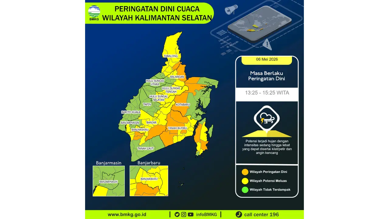 Prakiraan Cuaca Kalsel, 6 Mei 2026: Sejumlah Wilayah Berpotensi Hujan Lebat Disertai Petir dan Angin Kencang