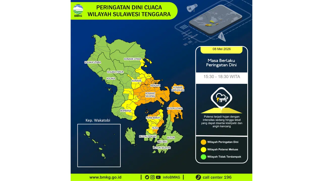Prakiraan Cuaca Sultra, 8 Mei 2026: Sejumlah Wilayah Berpotensi Hujan Lebat Disertai Petir dan Angin Kencang