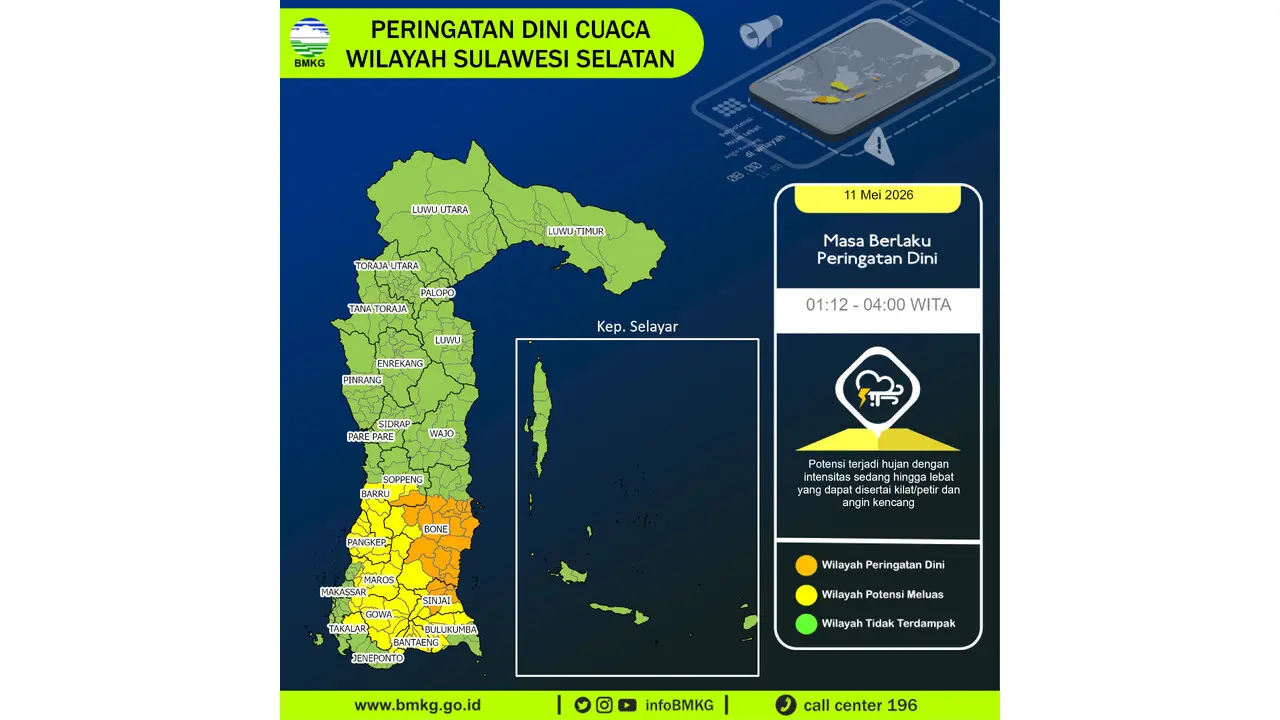 Prakiraan Cuaca Sulsel, 11 Mei 2026: Sejumlah Wilayah Berpotensi Hujan Lebat Disertai Petir dan Angin Kencang