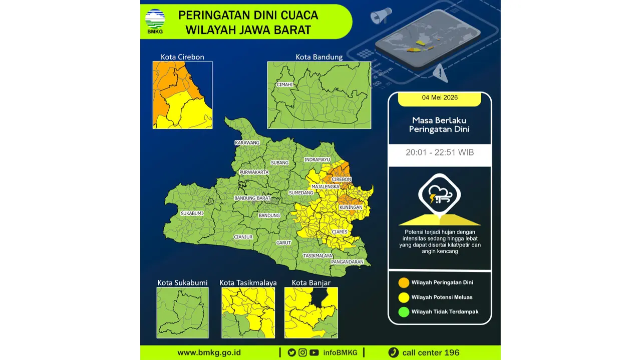 Prakiraan Cuaca Jabar, 4 Mei 2026: Sejumlah Wilayah Berpotensi Hujan Lebat Disertai Petir dan Angin Kencang
