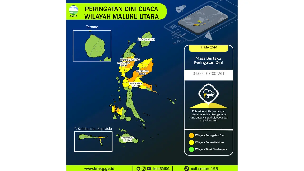Prakiraan Cuaca Malut, 11 Mei 2026: Sejumlah Wilayah Berpotensi Hujan Lebat Disertai Petir dan Angin Kencang