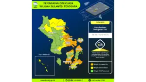 Prakiraan Cuaca Sultra, 10 Mei 2026: Sejumlah Wilayah Berpotensi Hujan Lebat Disertai Petir dan Angin Kencang