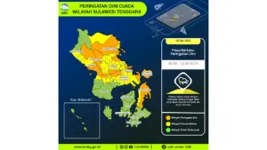 Prakiraan Cuaca Sultra, 8 Mei 2026: Sejumlah Wilayah Berpotensi Hujan Lebat Disertai Petir dan Angin Kencang