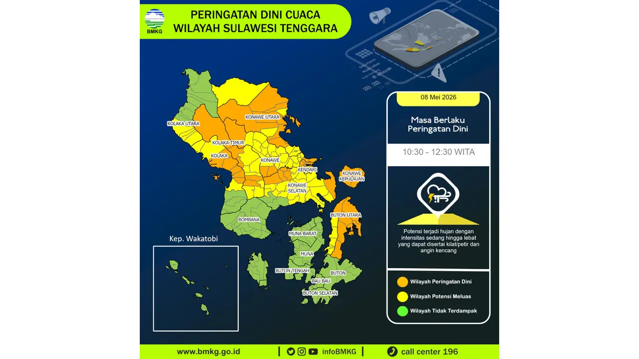 Prakiraan Cuaca Sultra, 8 Mei 2026: Sejumlah Wilayah Berpotensi Hujan Lebat Disertai Petir dan Angin Kencang