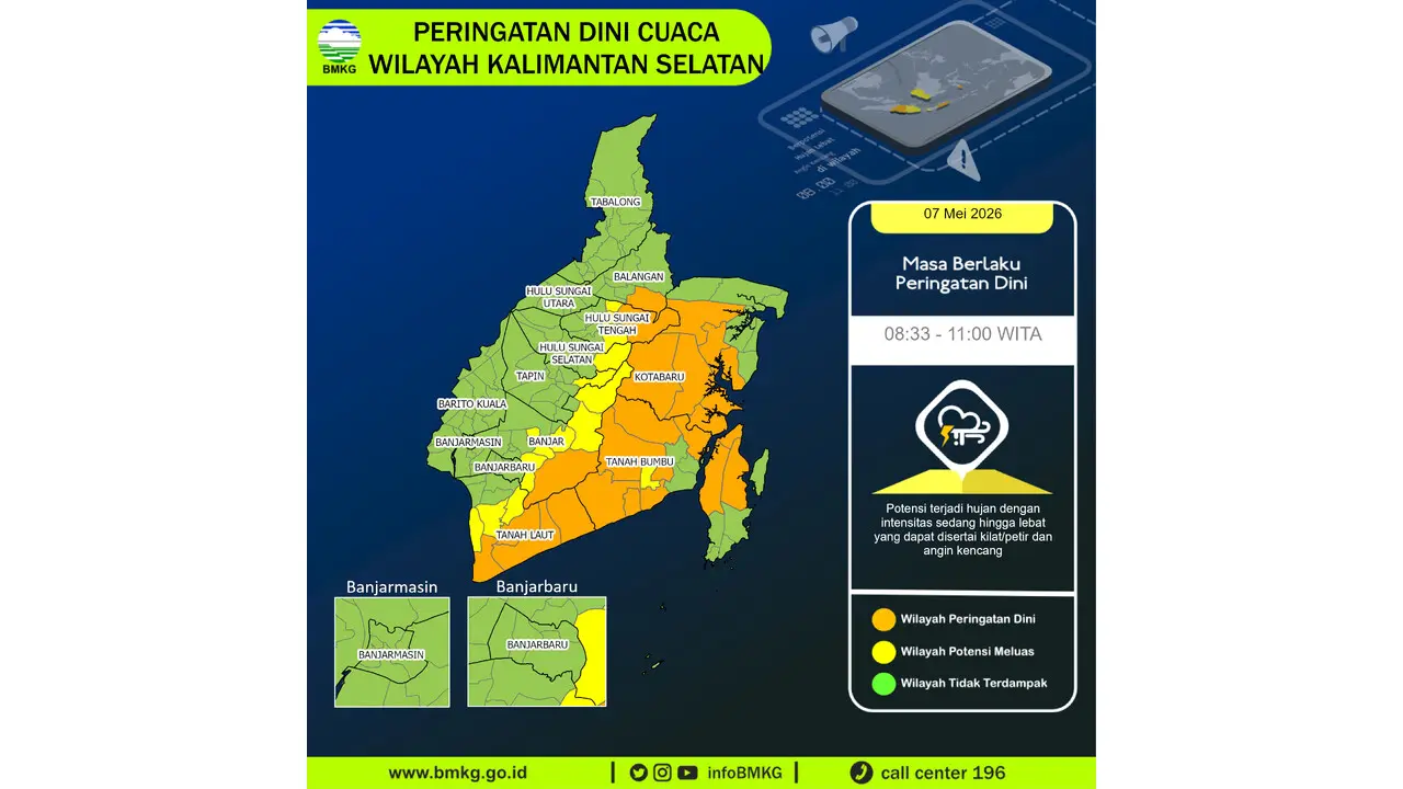 Prakiraan Cuaca Kalsel, 7 Mei 2026: Sejumlah Wilayah Berpotensi Hujan Lebat Disertai Petir dan Angin Kencang