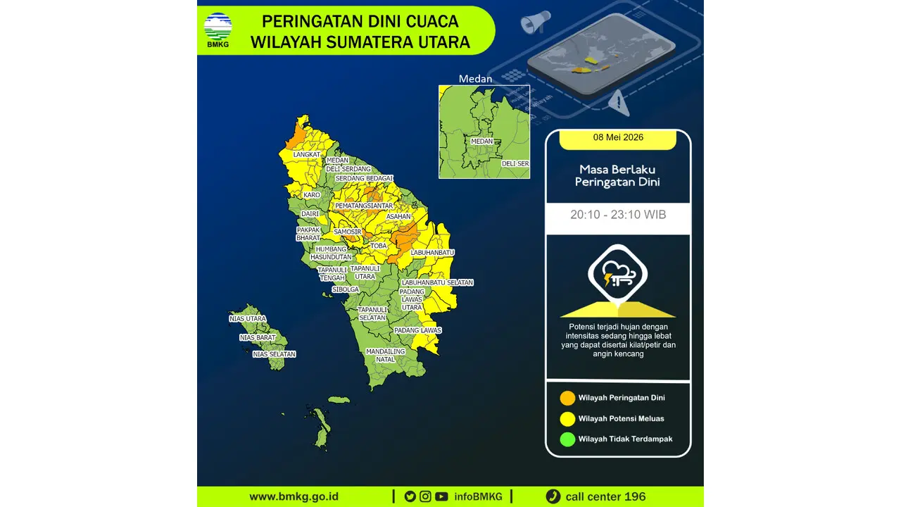 Prakiraan Cuaca Sumut, 8 Mei 2026: Sejumlah Wilayah Berpotensi Hujan Lebat Disertai Petir dan Angin Kencang