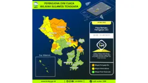 Prakiraan Cuaca Sultra, 9 Mei 2026: Sejumlah Wilayah Berpotensi Hujan Lebat Disertai Petir dan Angin Kencang