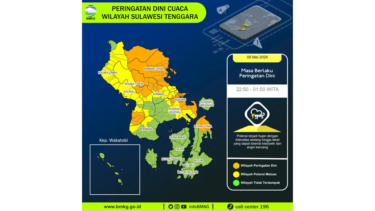 Prakiraan Cuaca Sultra, 9 Mei 2026: Sejumlah Wilayah Berpotensi Hujan Lebat Disertai Petir dan Angin Kencang