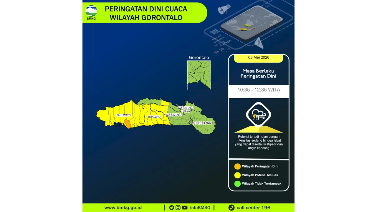 Prakiraan Cuaca Gorontalo, 8 Mei 2026: Sejumlah Wilayah Berpotensi Hujan Lebat Disertai Petir dan Angin Kencang