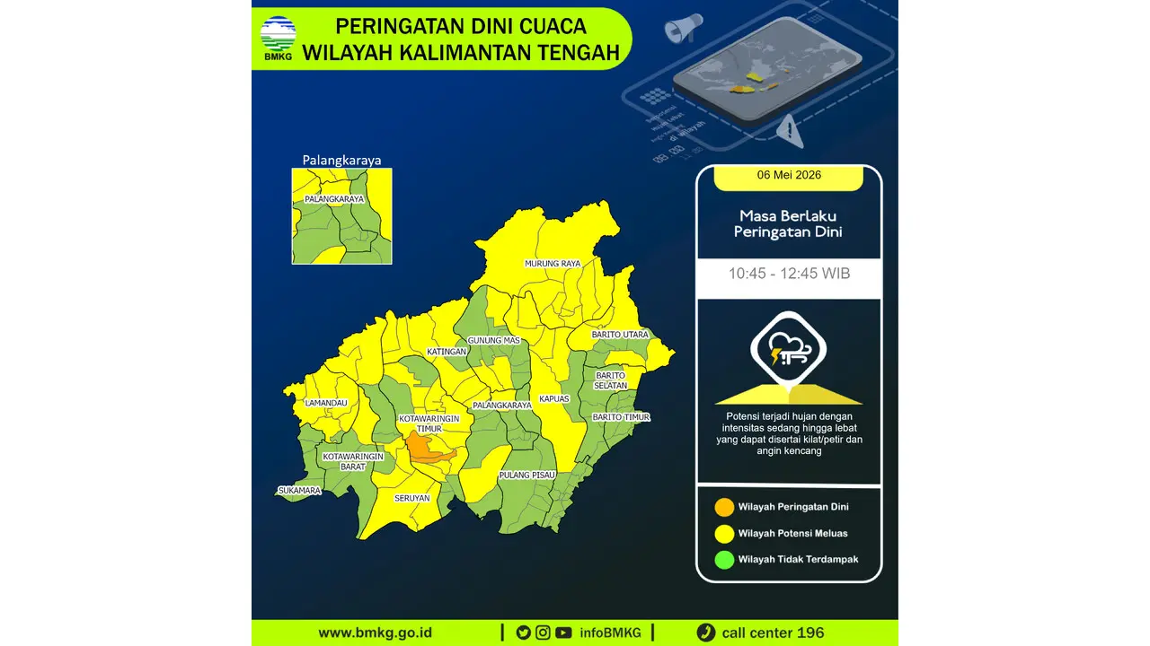 Prakiraan Cuaca Kalteng, 6 Mei 2026: Sejumlah Wilayah Berpotensi Hujan Lebat Disertai Petir dan Angin Kencang