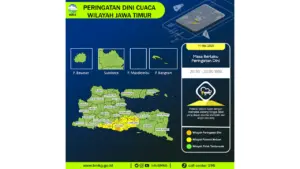 Prakiraan Cuaca Jatim, 11 Mei 2026: Sejumlah Wilayah Berpotensi Hujan Lebat Disertai Petir dan Angin Kencang