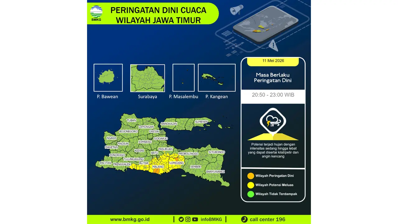 Prakiraan Cuaca Jatim, 11 Mei 2026: Sejumlah Wilayah Berpotensi Hujan Lebat Disertai Petir dan Angin Kencang