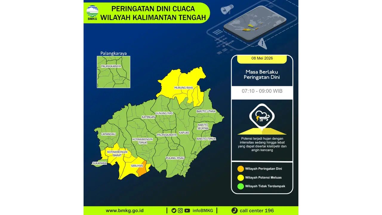 Prakiraan Cuaca Kalteng, 8 Mei 2026: Sejumlah Wilayah Berpotensi Hujan Lebat Disertai Petir dan Angin Kencang