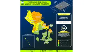 Prakiraan Cuaca Sultra, 9 Mei 2026: Sejumlah Wilayah Berpotensi Hujan Lebat Disertai Petir dan Angin Kencang