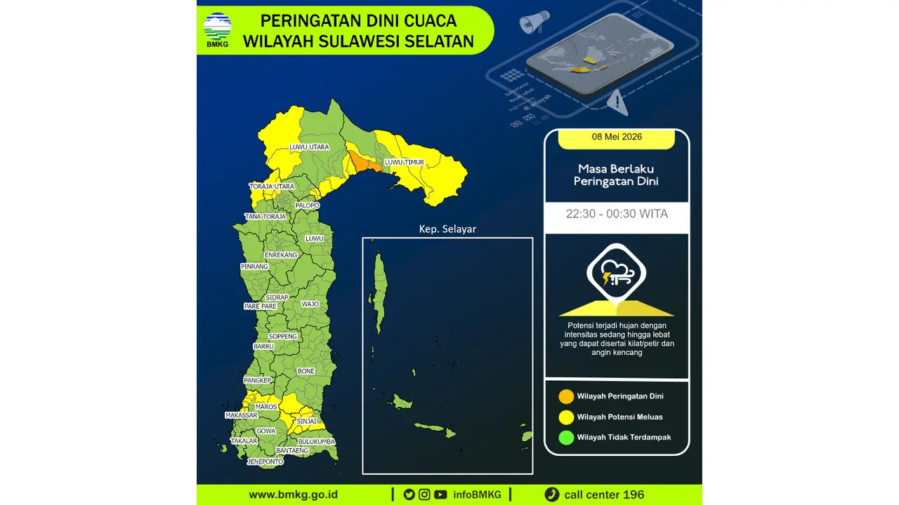 Prakiraan Cuaca Sulsel, 8 Mei 2026: Sejumlah Wilayah Berpotensi Hujan Lebat Disertai Petir dan Angin Kencang