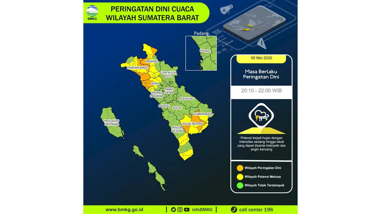 Prakiraan Cuaca Sumbar, 6 Mei 2026: Sejumlah Wilayah Berpotensi Hujan Lebat Disertai Petir dan Angin Kencang
