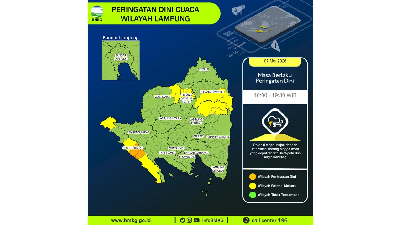 Prakiraan Cuaca Lampung, 7 Mei 2026: Sejumlah Wilayah Berpotensi Hujan Lebat Disertai Petir dan Angin Kencang