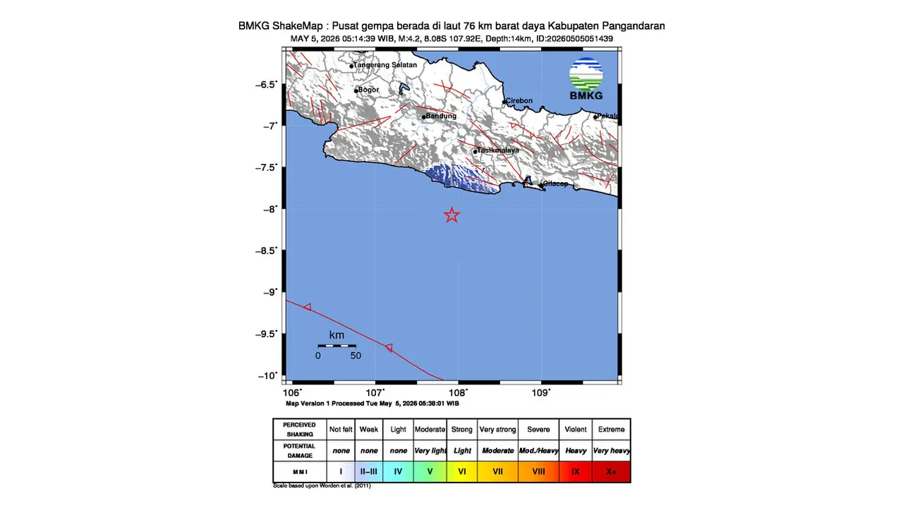 Gempa M 4,2 Guncang Laut Pangandaran, Jawa Barat