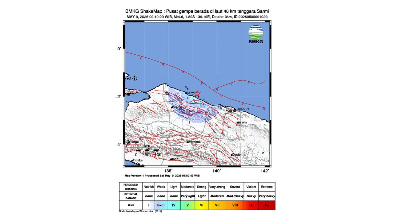 Gempa M 4,6 Guncang Laut Sarmi, Papua Pegunungan