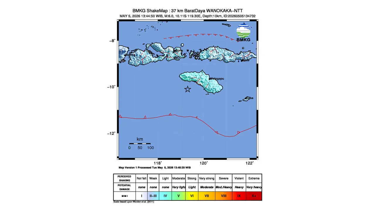 Gempa M6,0 Guncang BaratDaya Wanokaka, Nusa Tenggara Timur