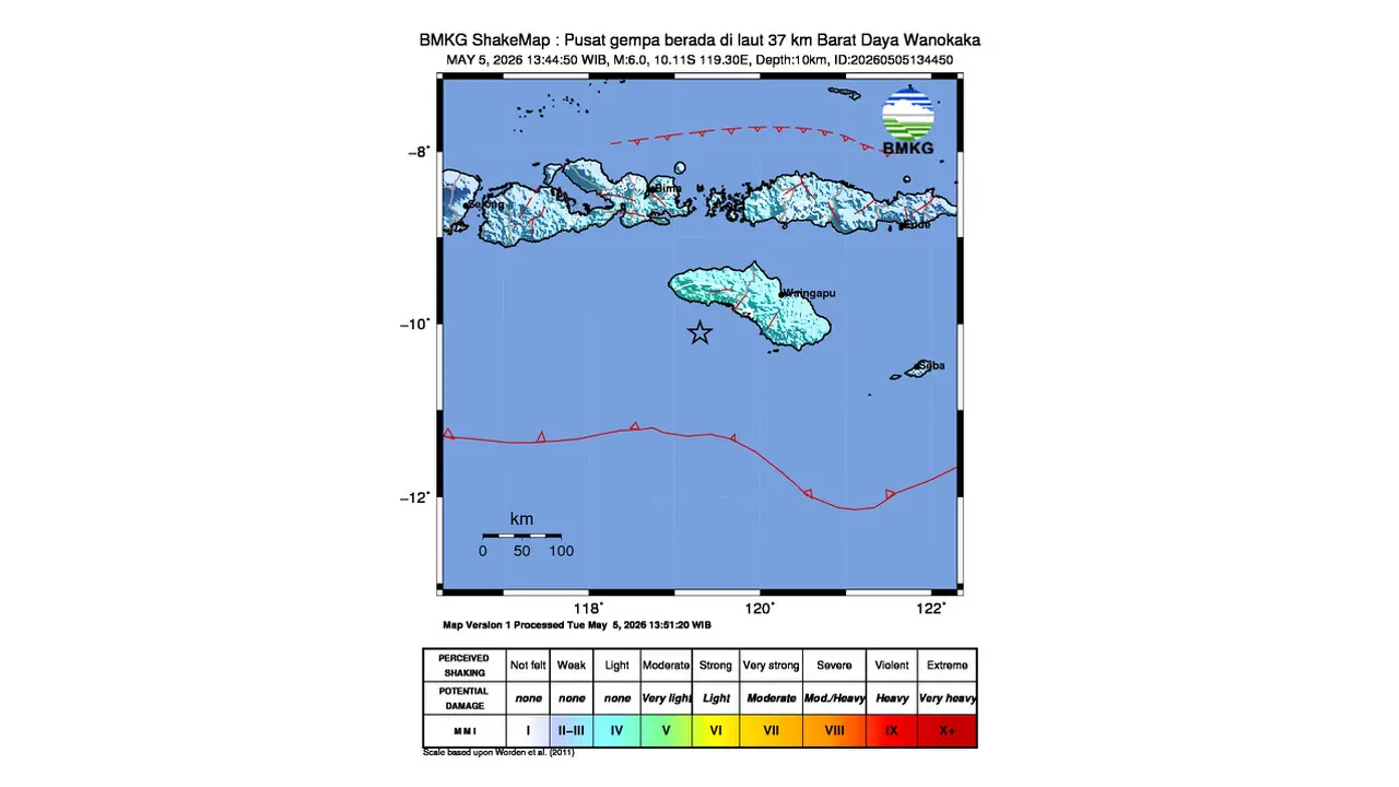 Gempa M6,0 Guncang Laut Barat Daya Wanokaka, Nusa Tenggara Timur